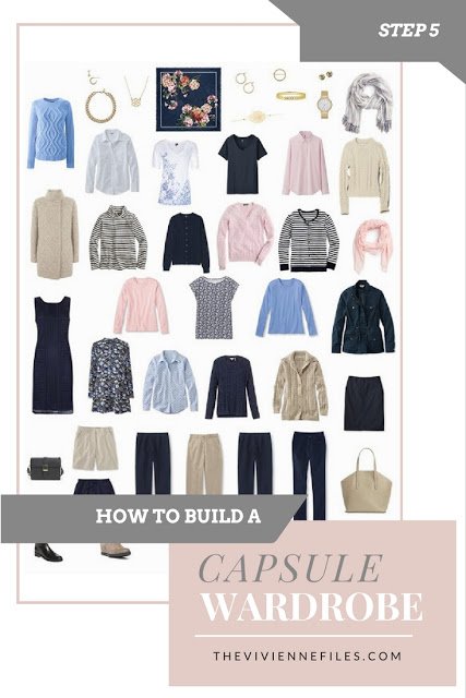 A finished capsule wardrobe built from scratch in navy, beige, pink, and blue. 