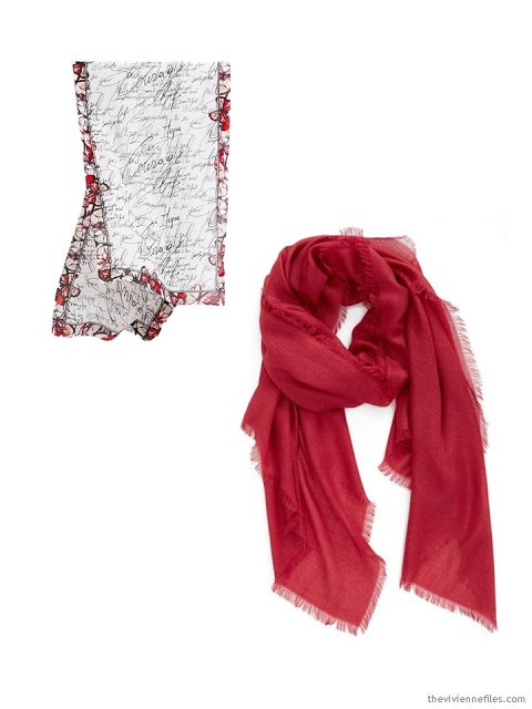 Two scarves in black and red, to serve as the color palette for an overnight trip