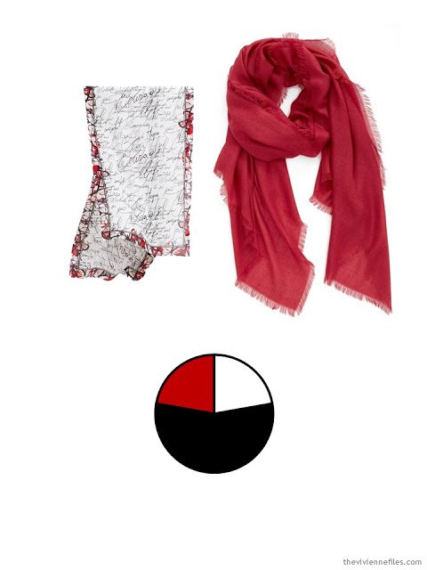 Two scarves in black and red, and the color palette taken from them