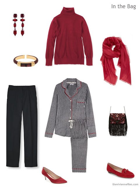 What to pack for overnight, in black and red in a travel capsule wardrobe