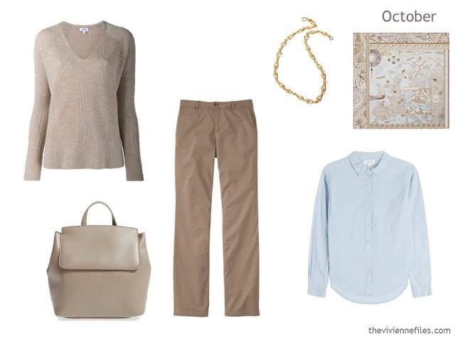 3-piece outfit in beige and soft blue, for a Summer