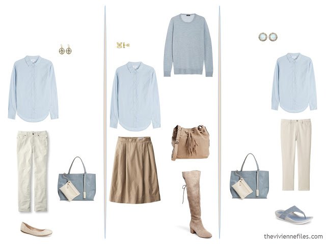 3 ways to wear a soft blue cotton shirt in a capsule wardrobe