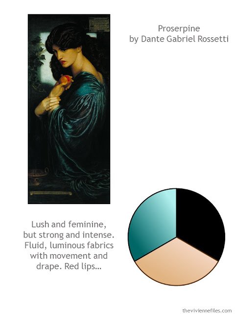 Capsule wardrobe color palette in peach and teal inspired by Art: Proserpine by Dante Gabriel Rossetti
