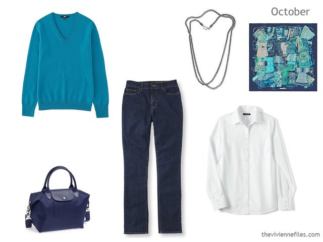 3 piece outfit in turquoise, denim and white, for a Summer or Winter