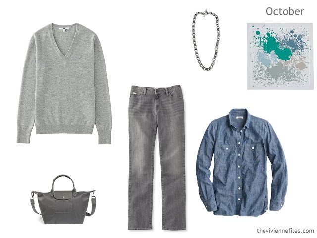 3-piece outfit in denim and soft grey, for a Summer