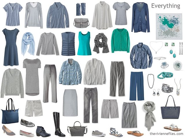 a capsule wardrobe for a Summer, in grey, blue and jade