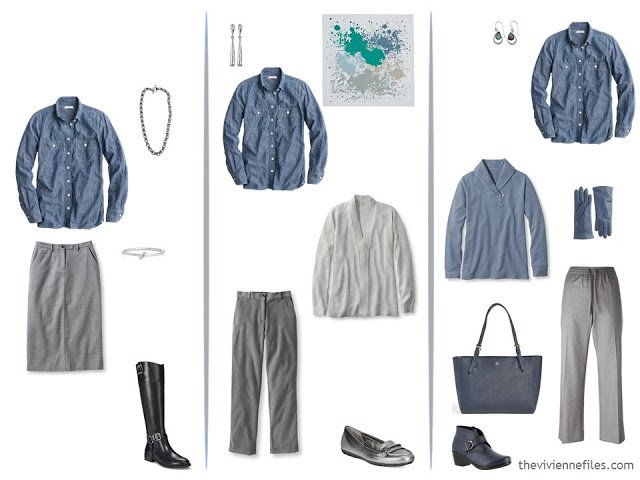 three ways to wear a denim shirt with grey