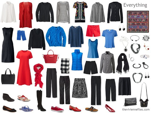 a capsule wardrobe for a Winter in black, white, red and blue