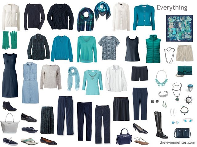 24-piece capsule wardrobe in navy, beige, turquoise and jade