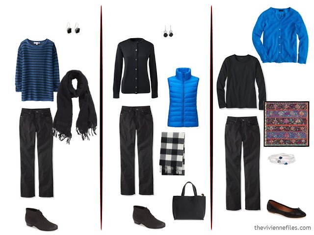 Three ways to wear black jeans with bright blue