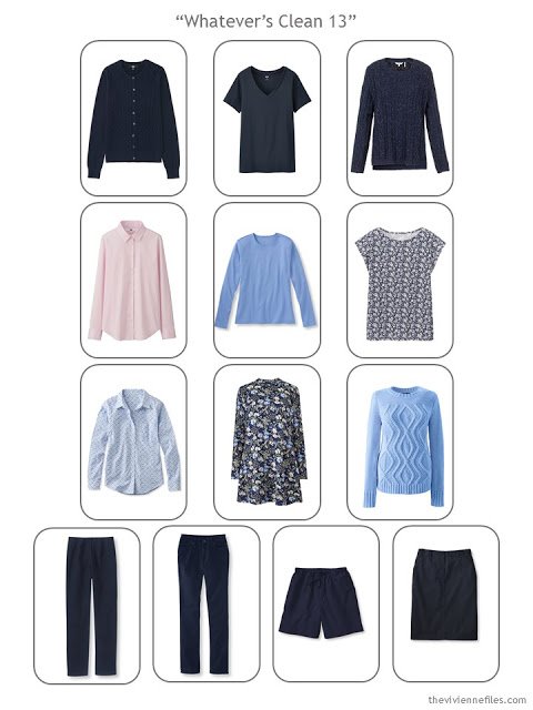 a Whatever's Clean 13 capsule wardrobe in inavy with pink and blue accents