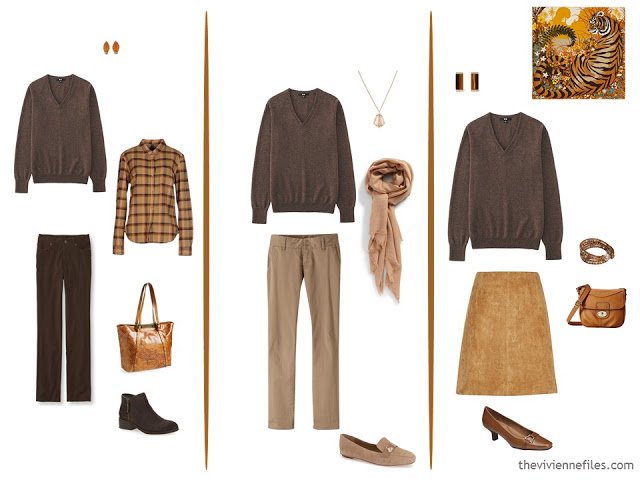 3 ways to wear a brown v-neck sweater in a capsule wardrobe