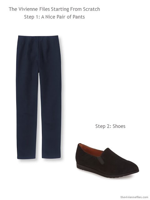 Navy pants and black loafers - the starting point of a Starting From Scratch Wardrobe in navy, khaki, pink and blue