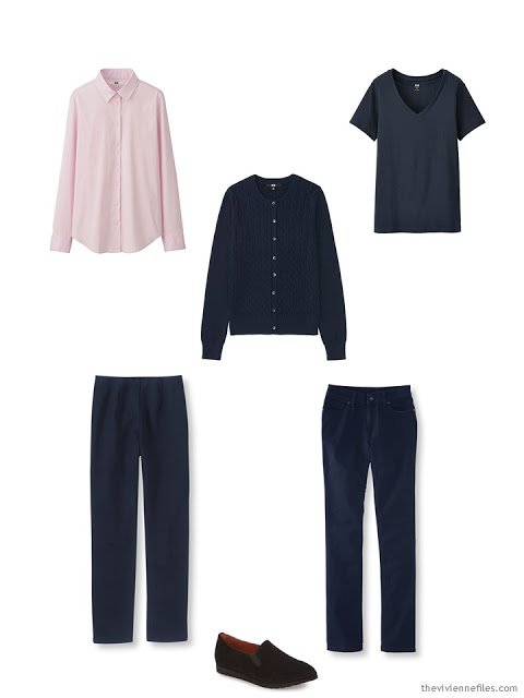 The first 6 items in a Starting From Scratch Wardrobe in navy, khaki, pink and blue