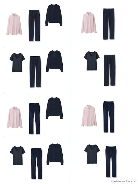 8 outfits from the Starting From Scratch wardrobe in navy, khaki, pink and blue