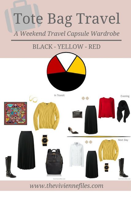A weekend travel capsule wardrobe in a red, black, and yellow color palette