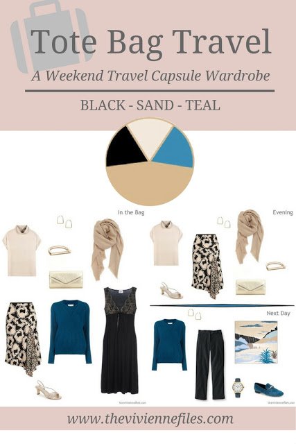 A weekend travel capsule wardrobe in a Black, Sand, and Teal color palette