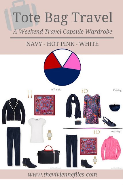 A weekend travel capsule wardrobe in a navy blue, hot pink, and white color palette 