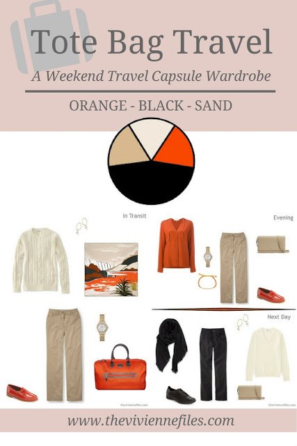 A weekend travel capsule wardrobe in an orange, black, and sand color palette