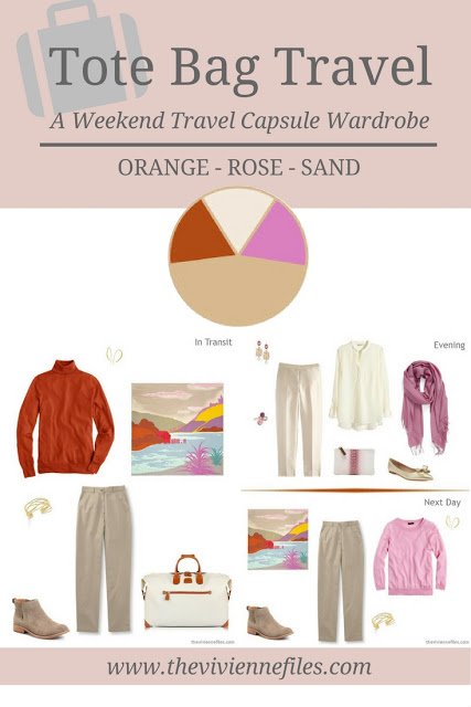 A weekend travel capsule wardrobe in a sand, rose, ornage color palette