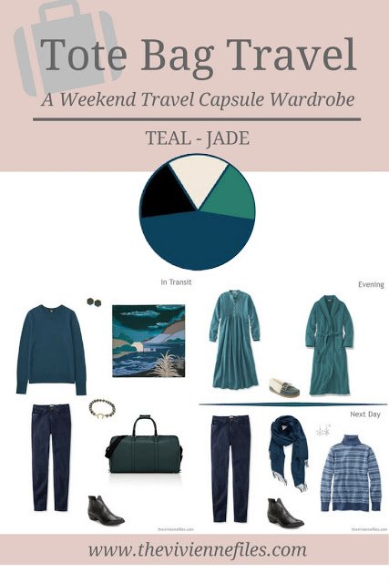 A weekend travel capsule wardrobe in a jade and teal color palette 