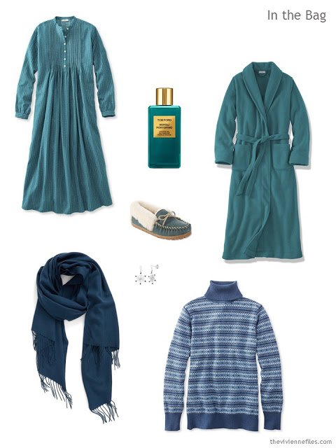 What to pack for an overnight trip, in teal and shades of blue