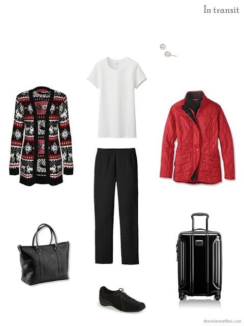 black, white and red winter travel outfit