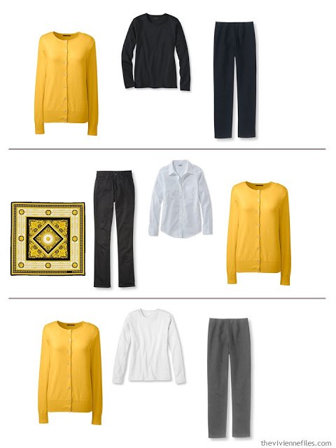 3 outfits in with the 5-piece French capsule wardrobe with yellow
