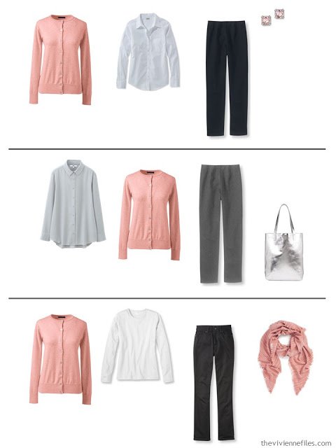 three capsule wardrobe outfits with a dusty rose cardigan