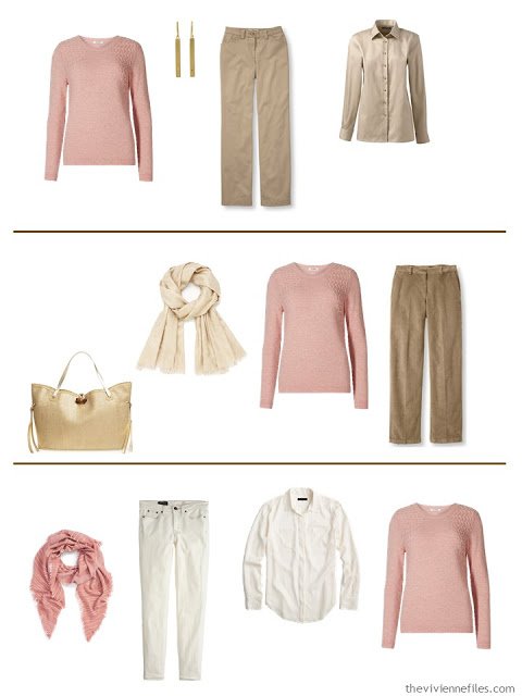 Three capsule wardrobe outfits including a dusty rose sweater