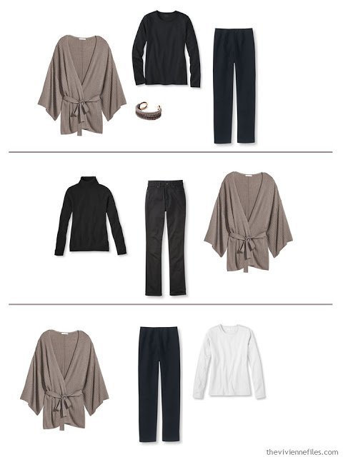 3 outfits in with the 5-piece French capsule wardrobe with taupe