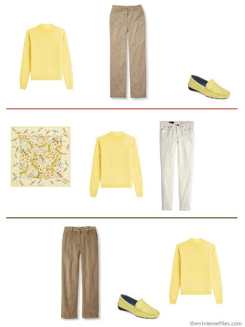 3 outfits with a soft yellow sweater