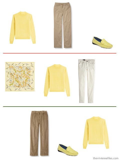 3 outfits with a soft yellow sweater