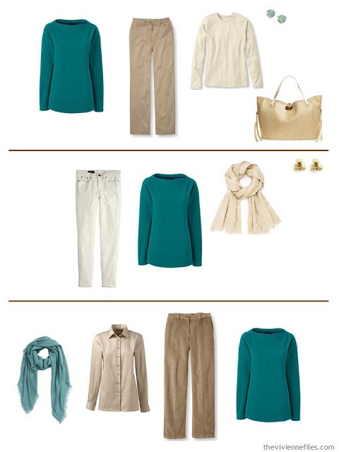 Three capsule wardrobe outfits including a jade fleece top