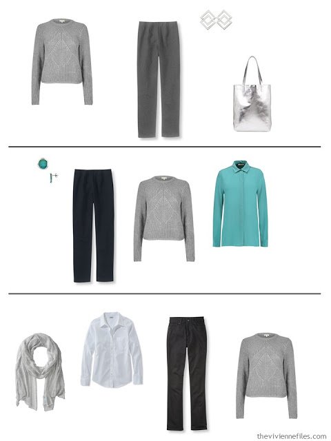 three capsule wardrobe outfits with a silver sweater