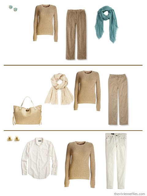 Three capsule wardrobe outfits including a gold sweater