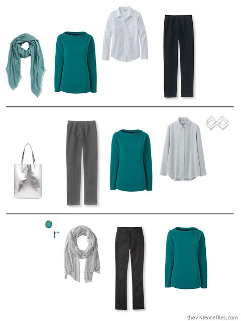 three capsule wardrobe outfits with a jade fleece top