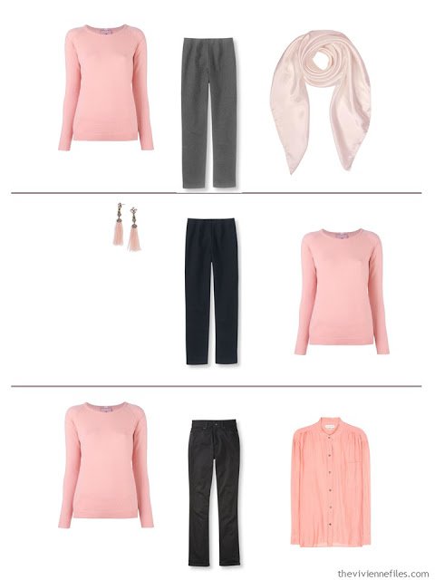 3 outfits in with the 5-piece French capsule wardrobe with rose