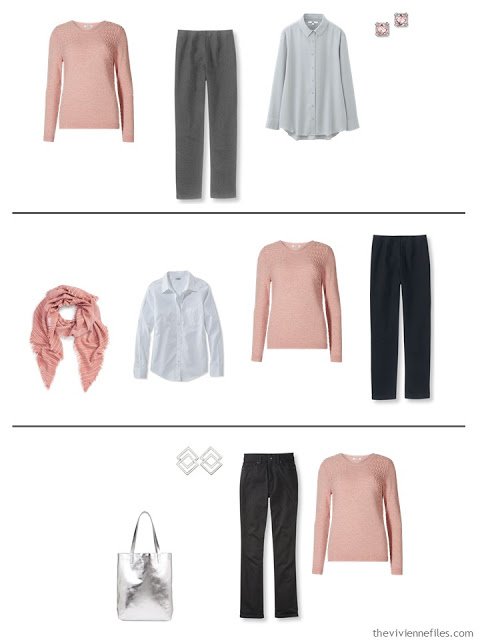 three capsule wardrobe outfits with a dusty rose sweater