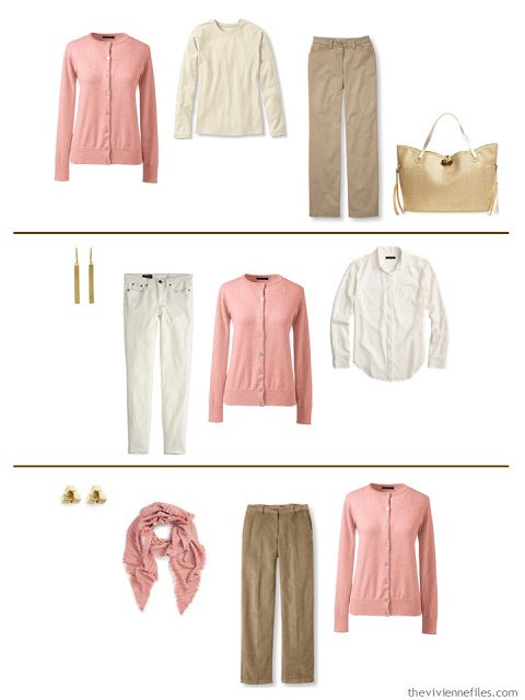 Three capsule wardrobe outfits including a dusty rose cardigan