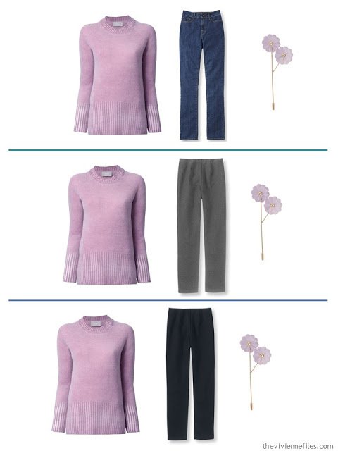 3 outfits with a lilac sweater