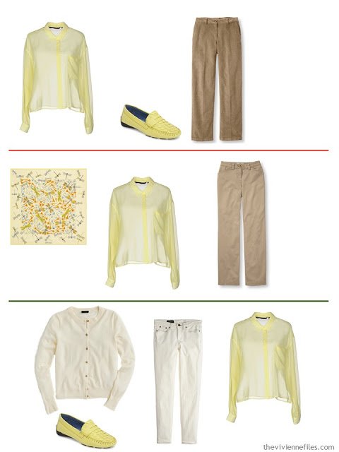 3 outfits with a butter yellow shirt
