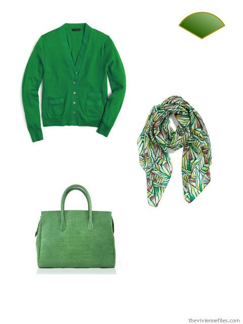 Wardrobe accents of bright green - cardigan, scarf and bag