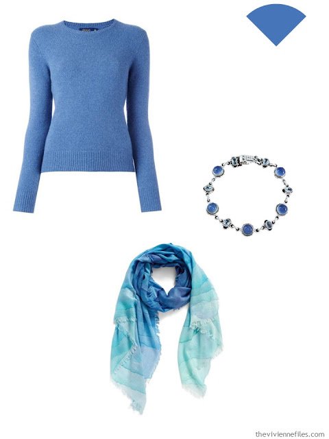 blue sweater, bracelet and scarf