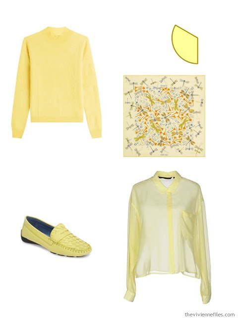 wardrobe accents of soft butter yellow - sweater, scarf, loafers and shirt