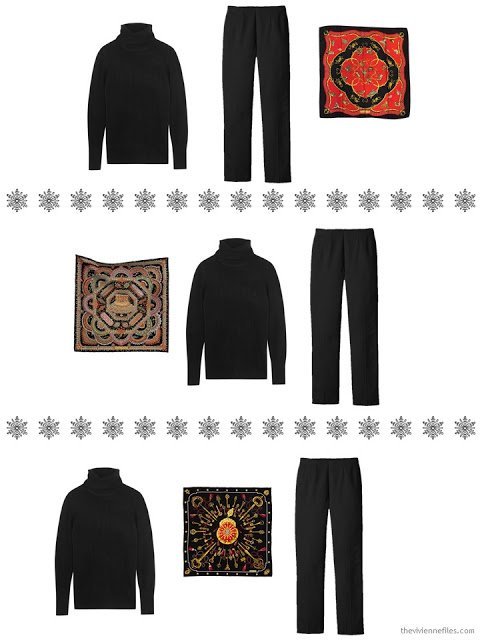 three outfits including a black turtleneck and an Hermes scarf