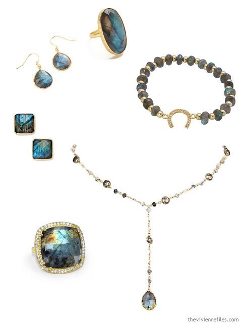 laboradorite jewelry set in gold to accent a capsule wardrobe