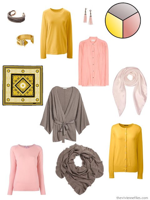 Capsule Wardrobe pieces in yellow, taupe, and rose