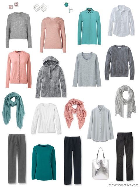 capsule wardrobe in grey and black with silver, jade and dusty rose