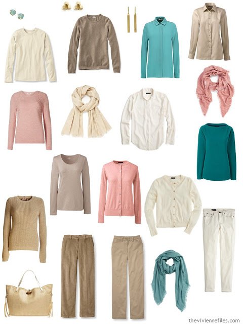 a capsule wardrobe in beige, brown and ivory, with accents of jade, dusty rose and gold